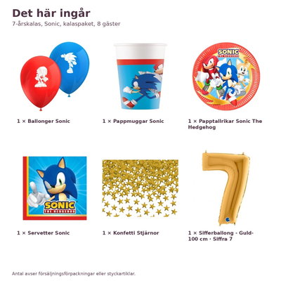 7-årskalas, Sonic, kalaspaket, 8 gäster – innehåll och antal, sifferballong 100 cm