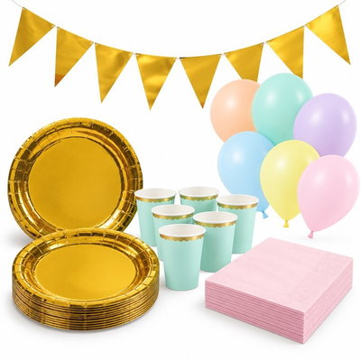 Pastellkalas, mint och guld, kalaspaket med dekorationer, 16 gäster