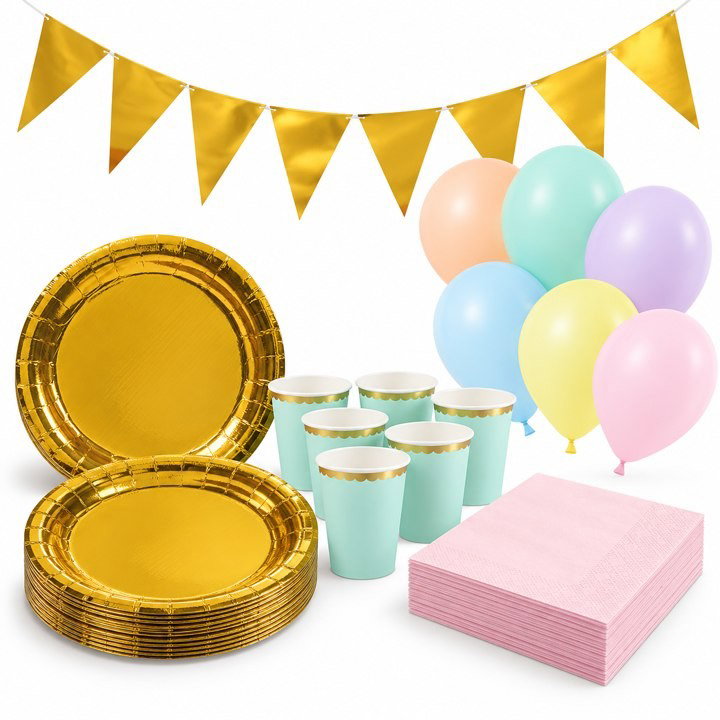 Pastellkalas, mint och guld, kalaspaket med dekorationer, 16 gäster
