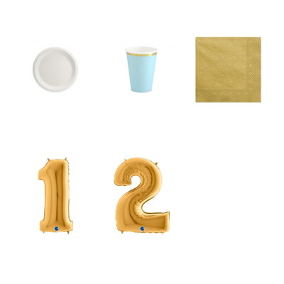 12-årskalas, Ljusblått och guld, kalaspaket, 6 gäster – paketets produkter med sifferballong 100 cm