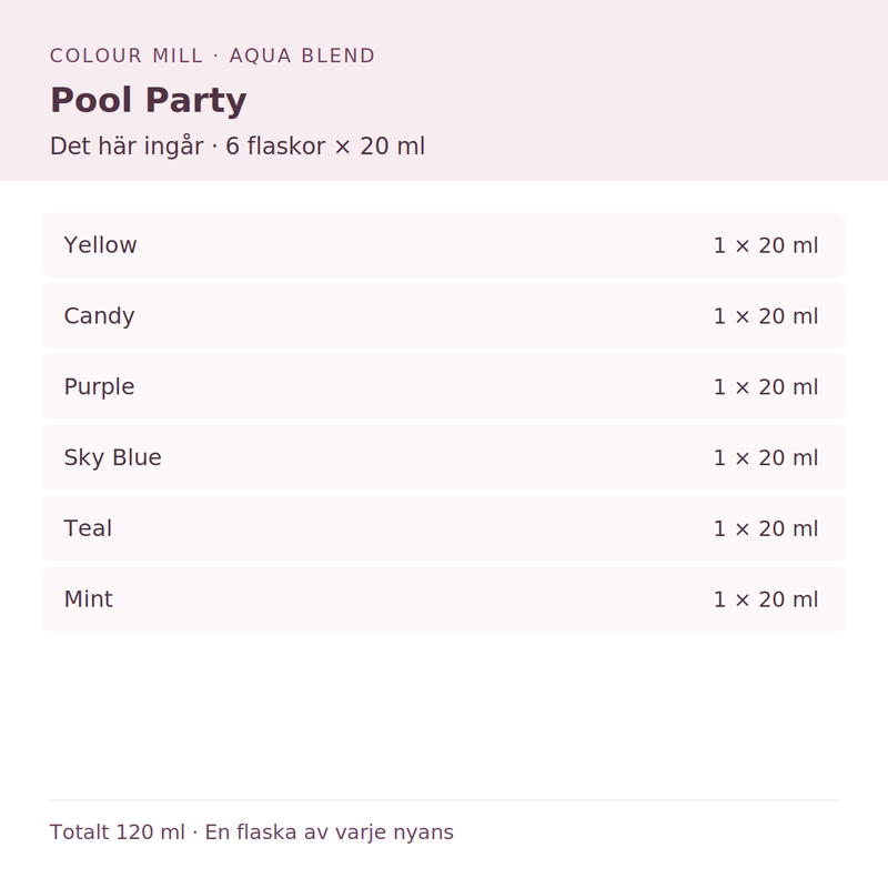 Paketinnehåll: 1 × Yellow 20 ml, 1 × Candy 20 ml, 1 × Purple 20 ml, 1 × Sky Blue 20 ml, 1 × Teal 20 ml, 1 × Mint 20 ml