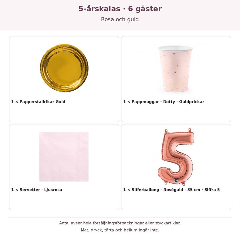 5-årskalas, Rosa och guld, kalaspaket, 6 gäster – innehåll och antal förpackningar
