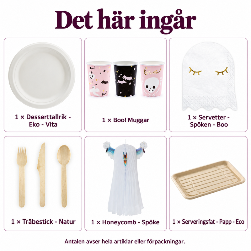 Det här ingår: Spökdessert för sex – vitt serveringsbord med Boo-muggar