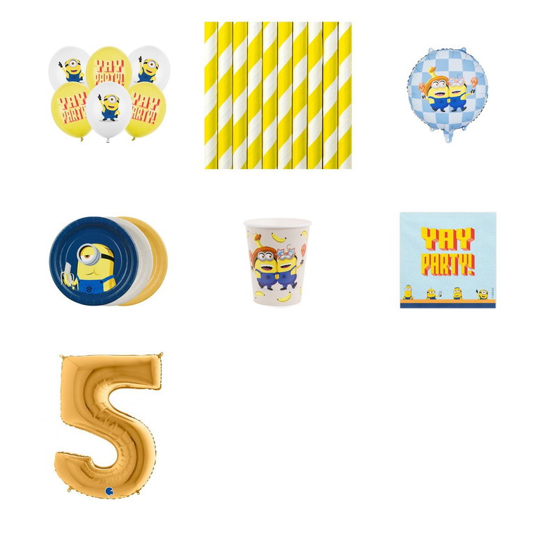 5-årskalas, Minioner, kalaspaket, 6 gäster – paketets produkter med sifferballong 100 cm