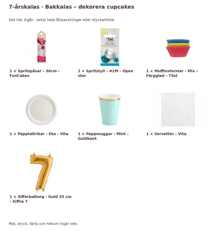 7-årskalas, Bakkalas – dekorera cupcakes, kalaspaket, 6 gäster – innehåll och antal förpackningar