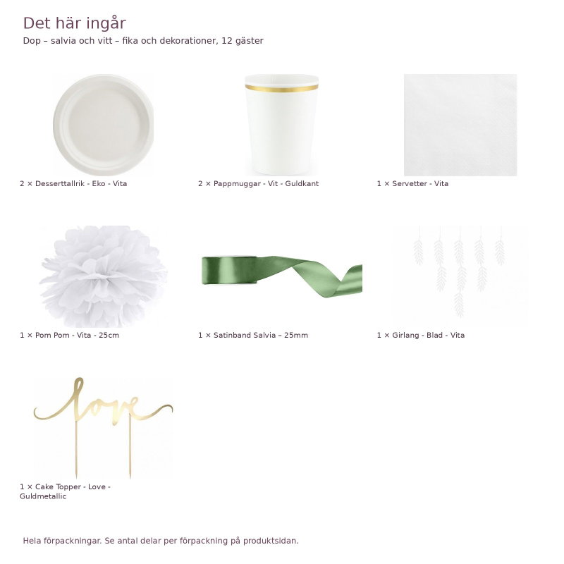 Dop – salvia och vitt – fika och dekorationer, 12 gäster – innehåll och antal förpackningar