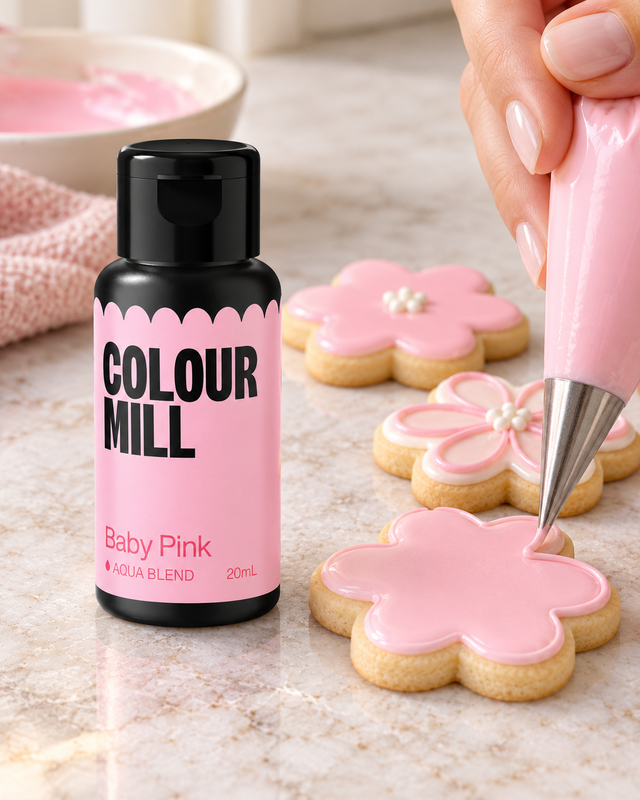 Colour Mill Aqua Blend Baby Pink med rosa glasyrkakor – användningsbild