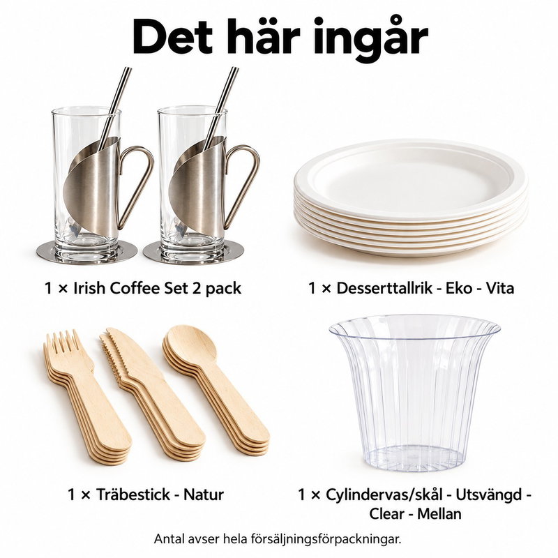 Varm kaffedessert för två – glas, tilltugg och små skedar – innehåll och antal försäljningsförpackningar
