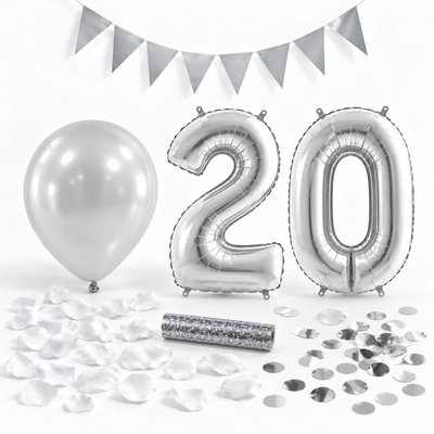 20-års festpaket, Silver, Stor – paketets dekorationer på vit bakgrund