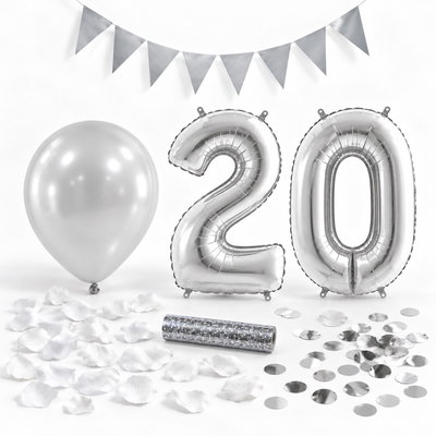 20-års festpaket, Silver, Stor – paketets dekorationer på vit bakgrund