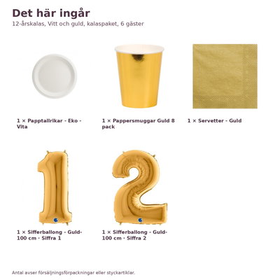 12-årskalas, Vitt och guld, kalaspaket, 6 gäster – innehåll och antal, sifferballong 100 cm