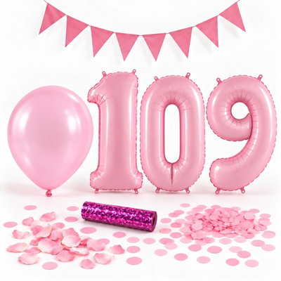 109-års festpaket, Rosa, Stor – paketets dekorationer på vit bakgrund
