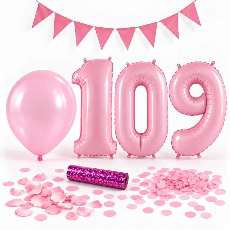 109-års festpaket, Rosa, Stor – paketets dekorationer på vit bakgrund