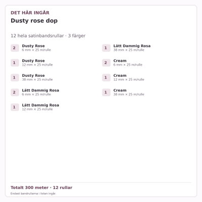 Det här ingår – Satinbandspaket – Dusty rose dop – 12 rullar