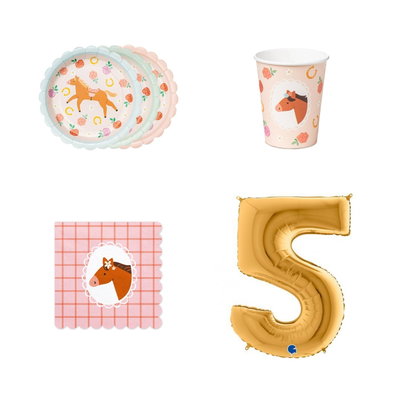 5-årskalas, Hästkalas, kalaspaket, 6 gäster – paketets produkter med sifferballong 100 cm