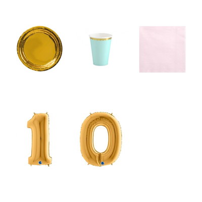 10-årskalas, Mint, rosa och guld, kalaspaket, 6 gäster – paketets produkter med sifferballong 100 cm
