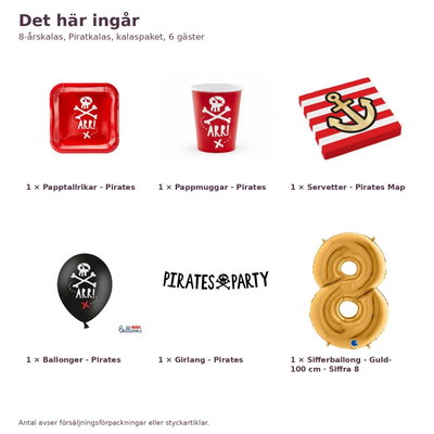 8-årskalas, Piratkalas, kalaspaket, 6 gäster – innehåll och antal, sifferballong 100 cm
