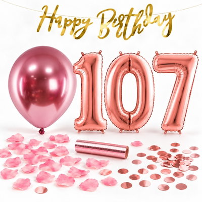 107-års festpaket, Roséguld, Stor – paketets dekorationer på vit bakgrund