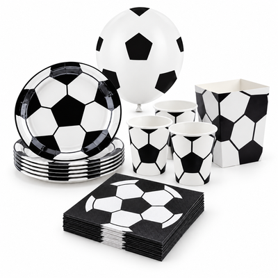 Fotbollskalas, kalaspaket – sammansatt produktbild med dukning, ballong och popcornbox