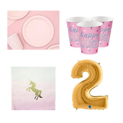 2-årskalas, Enhörningskalas, kalaspaket, 8 gäster – paketets produkter med sifferballong 100 cm