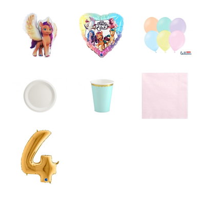 4-årskalas, My Little Pony, kalaspaket, 6 gäster – paketets produkter med sifferballong 100 cm
