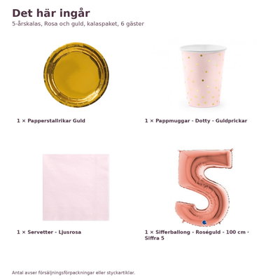 5-årskalas, Rosa och guld, kalaspaket, 6 gäster – innehåll och antal, sifferballong 100 cm