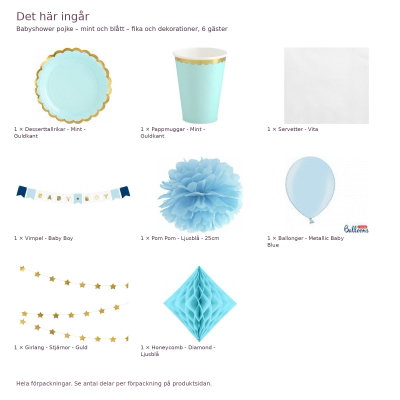 Babyshower pojke – mint och blått – fika och dekorationer, 6 gäster – innehåll och antal förpackningar