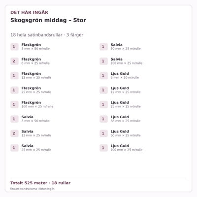 Det här ingår – Satinbandspaket – Skogsgrön middag – Stor – 18 rullar