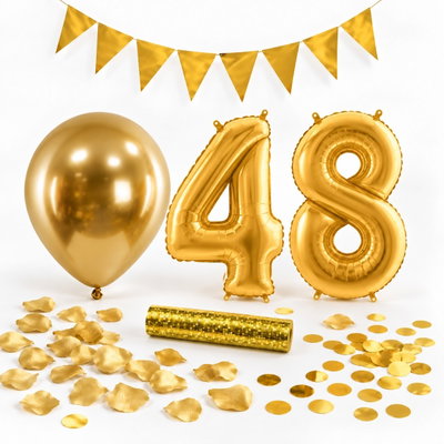 48-års festpaket, Guld, Stor – paketets dekorationer på vit bakgrund