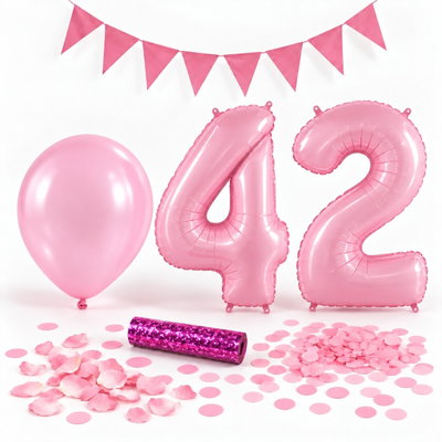 42-års festpaket, Rosa, Stor – paketets dekorationer på vit bakgrund