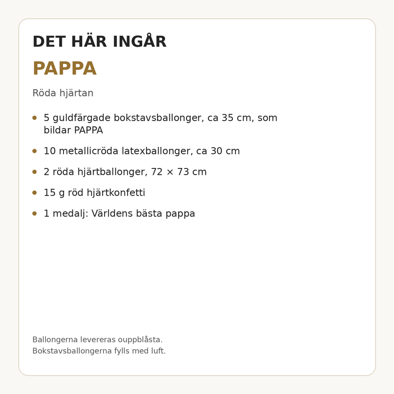Paketets innehåll och antal – PAPPA – dekorationspaket till fars dag – röda hjärtan
