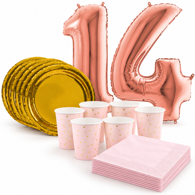 14-årskalas, Rosa och guld, kalaspaket, 6 gäster – samlat paketinnehåll