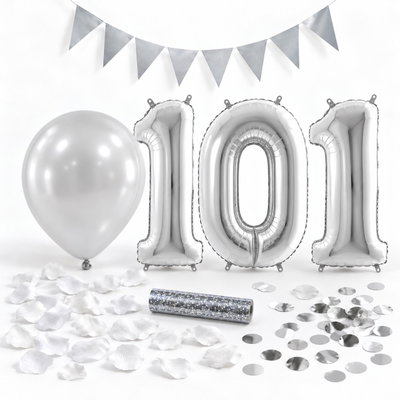 101-års festpaket, Silver, Stor – paketets dekorationer på vit bakgrund