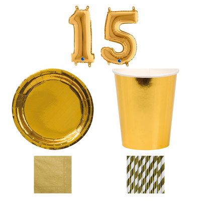 15-årskalas, Guld, kalaspaket, 8 gäster – sammansatt bild av paketets produkter