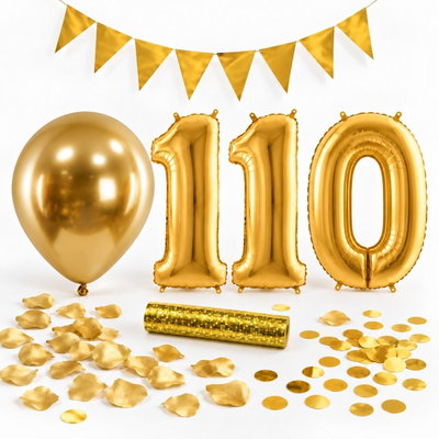 110-års festpaket, Guld, Stor – paketets dekorationer på vit bakgrund