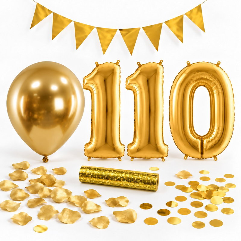 110-års festpaket, Guld, Stor – paketets dekorationer på vit bakgrund