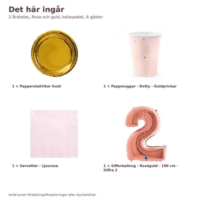 2-årskalas, Rosa och guld, kalaspaket, 6 gäster – innehåll och antal, sifferballong 100 cm
