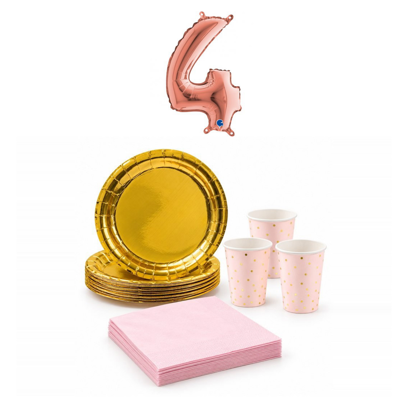 4-årskalas, Rosa och guld, kalaspaket, 6 gäster – sammansatt bild av paketets produkter