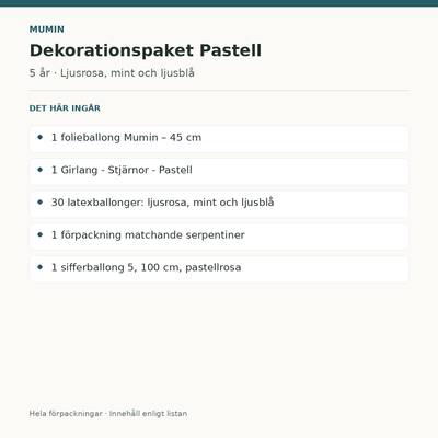 Mumin 5 år – dekorationspaket Pastell – innehåll och antal