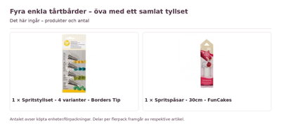 Fyra enkla tårtbårder – öva med ett samlat tyllset – innehåll och antal förpackningar