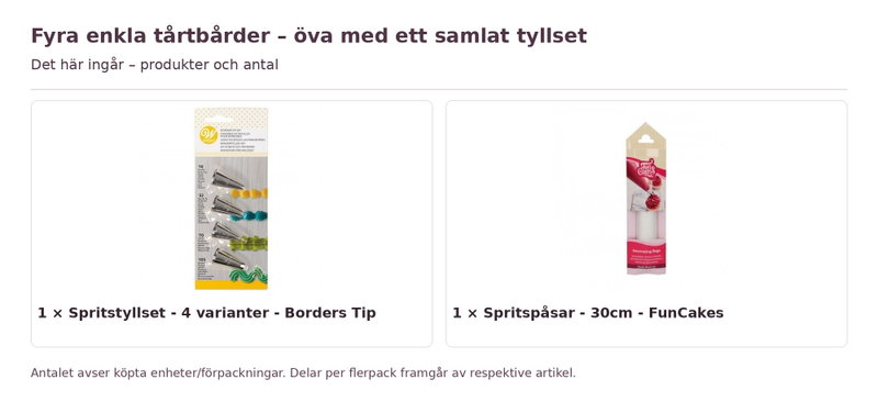 Fyra enkla tårtbårder – öva med ett samlat tyllset – innehåll och antal förpackningar
