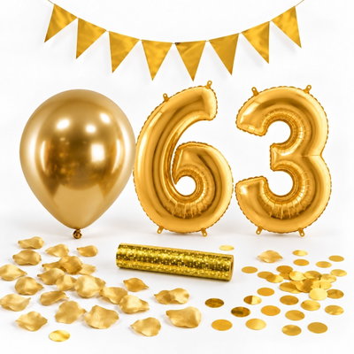63-års festpaket, Guld, Stor – paketets dekorationer på vit bakgrund