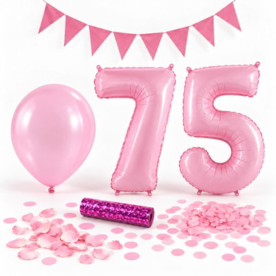 75-års festpaket, Rosa, Stor – paketets dekorationer på vit bakgrund