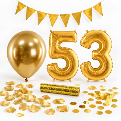 53-års festpaket, Guld, Stor – paketets dekorationer på vit bakgrund