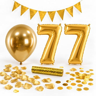 77-års festpaket, Guld, Stor – paketets dekorationer på vit bakgrund