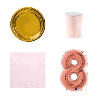 8-årskalas, Rosa och guld, kalaspaket, 6 gäster – paketets produkter med sifferballong 100 cm
