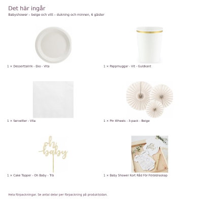 Babyshower – beige och vitt – dukning och minnen, 6 gäster – innehåll och antal förpackningar