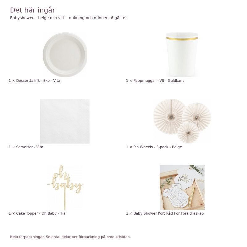 Babyshower – beige och vitt – dukning och minnen, 6 gäster – innehåll och antal förpackningar