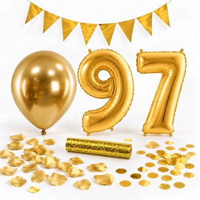 97-års festpaket, Guld, Stor – paketets dekorationer på vit bakgrund