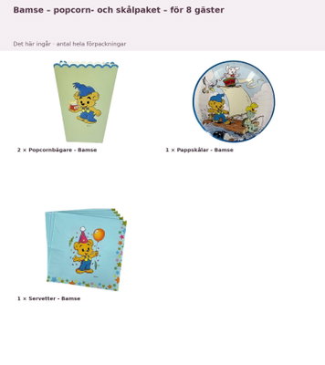 Bamse – popcorn- och skålpaket – för 8 gäster – innehåll och antal